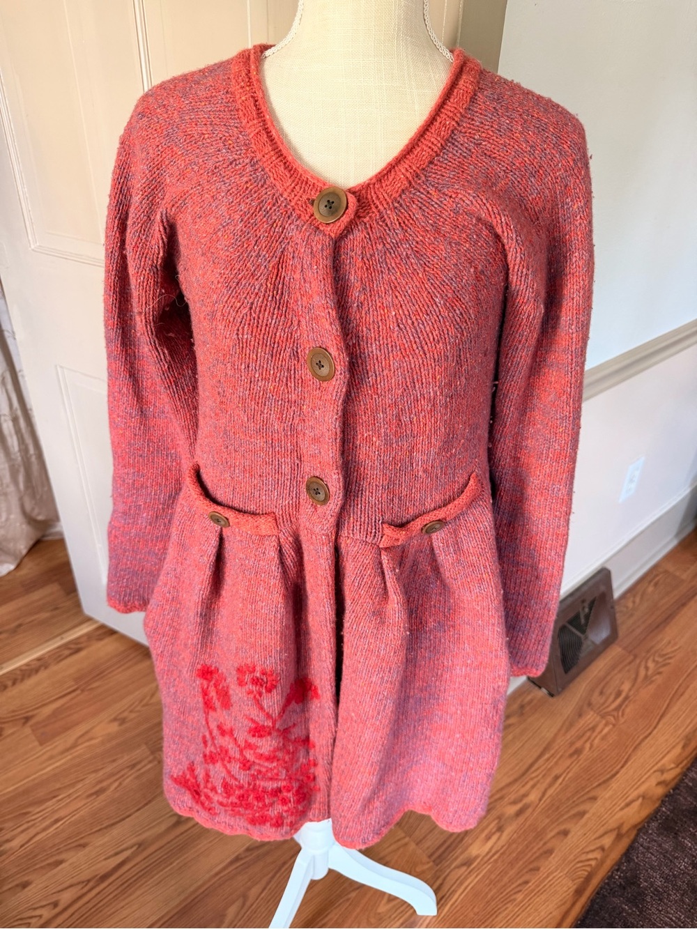 SUNDANCE Women’s Button-Up Red Lambswool Blend Crochet Accent Floral Sweater M